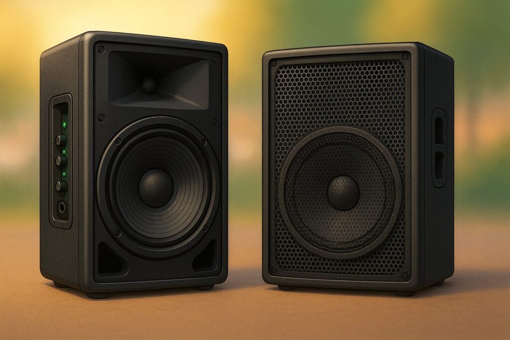 Close-up of two compact black PA speakers on a table—ideal for small to mid-size event hire across the West Midlands.