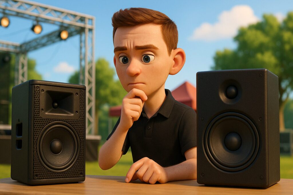Cartoon event technician thoughtfully comparing two PA speakers at an outdoor event setup, highlighting the challenge of choosing the right sound system.