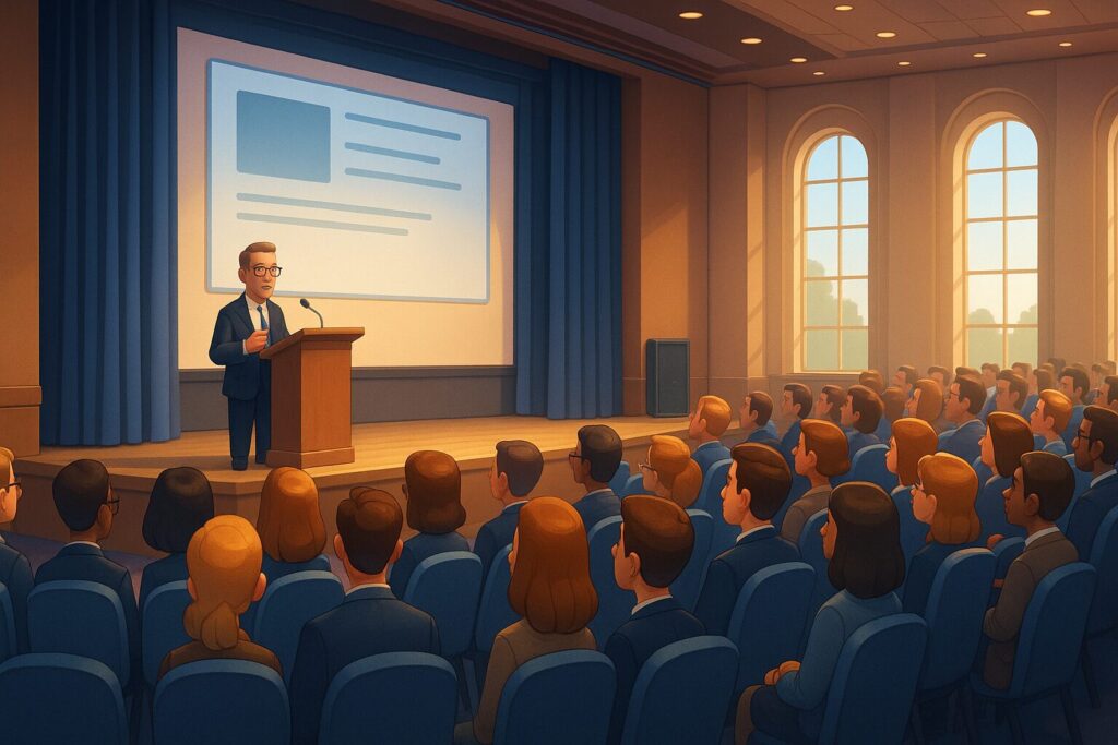 Animated corporate speaker presenting to a full audience in a bright conference hall—ideal setup for speech-focused PA systems with clear voice projection.