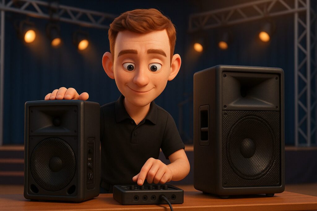 Smiling technician adjusting a compact PA mixer between two speakers on stage—illustrating easy setup for small to mid-sized event sound systems.