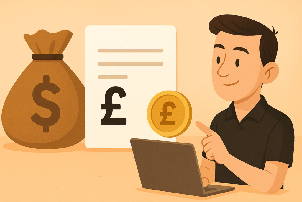 Illustration of a smiling technician using a laptop, with pound signs and pricing icons—highlighting simple, affordable PA hire costs in the West Midlands.