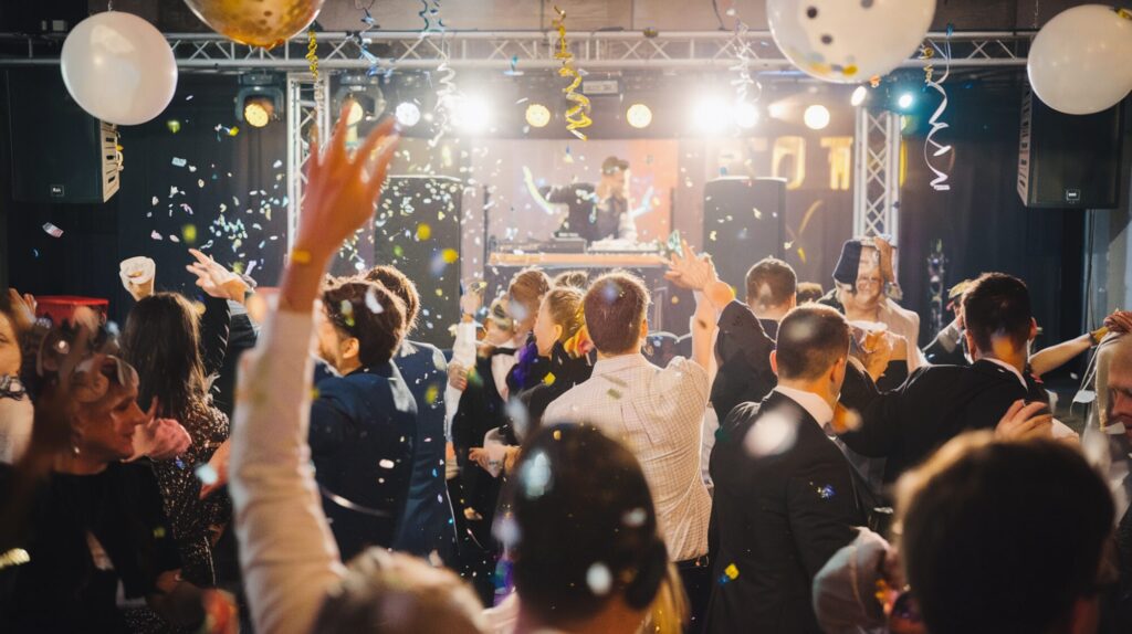 Indoor party with DJ, confetti, and professional PA system setup by JET Equipment Hire
