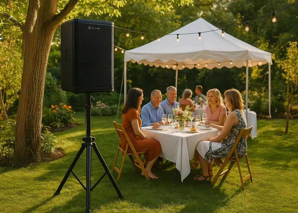 Outdoor garden party with guests dining under a marquee and professional PA speaker setup by JET Equipment Hire