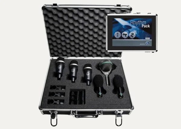 AKG drum mic kit with kick, snare and overhead microphones arranged in foam carry case