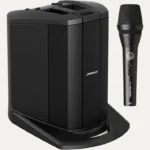 Compact PA system with Bose speaker and AKG wired microphone for announcements and public speaking