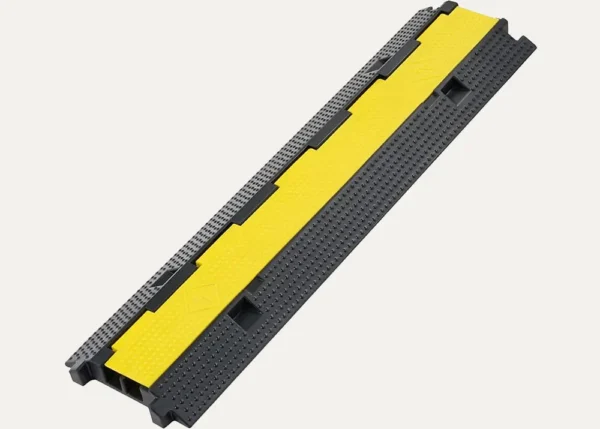 Heavy duty cable floor cover with yellow safety strip for protecting wires at events