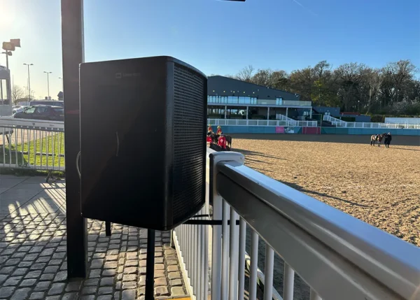 PA speaker setup for outdoor event sound system at venue in West Midlands