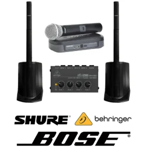 Bose L1 Compact PA system with Shure wireless microphone and Behringer mixer included in acoustic hire kit