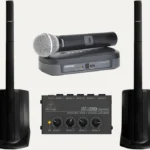 Acoustic set kit with Bose L1 Compact speakers, Shure wireless microphone and Behringer mixer for live performances