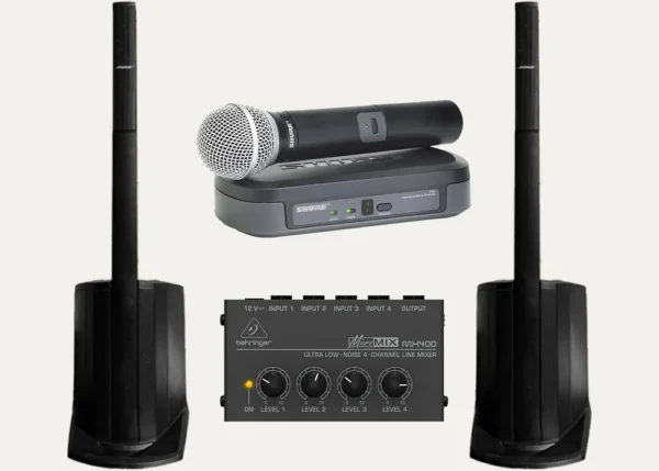 Acoustic set kit with Bose L1 Compact speakers, Shure wireless microphone and Behringer mixer for live performances